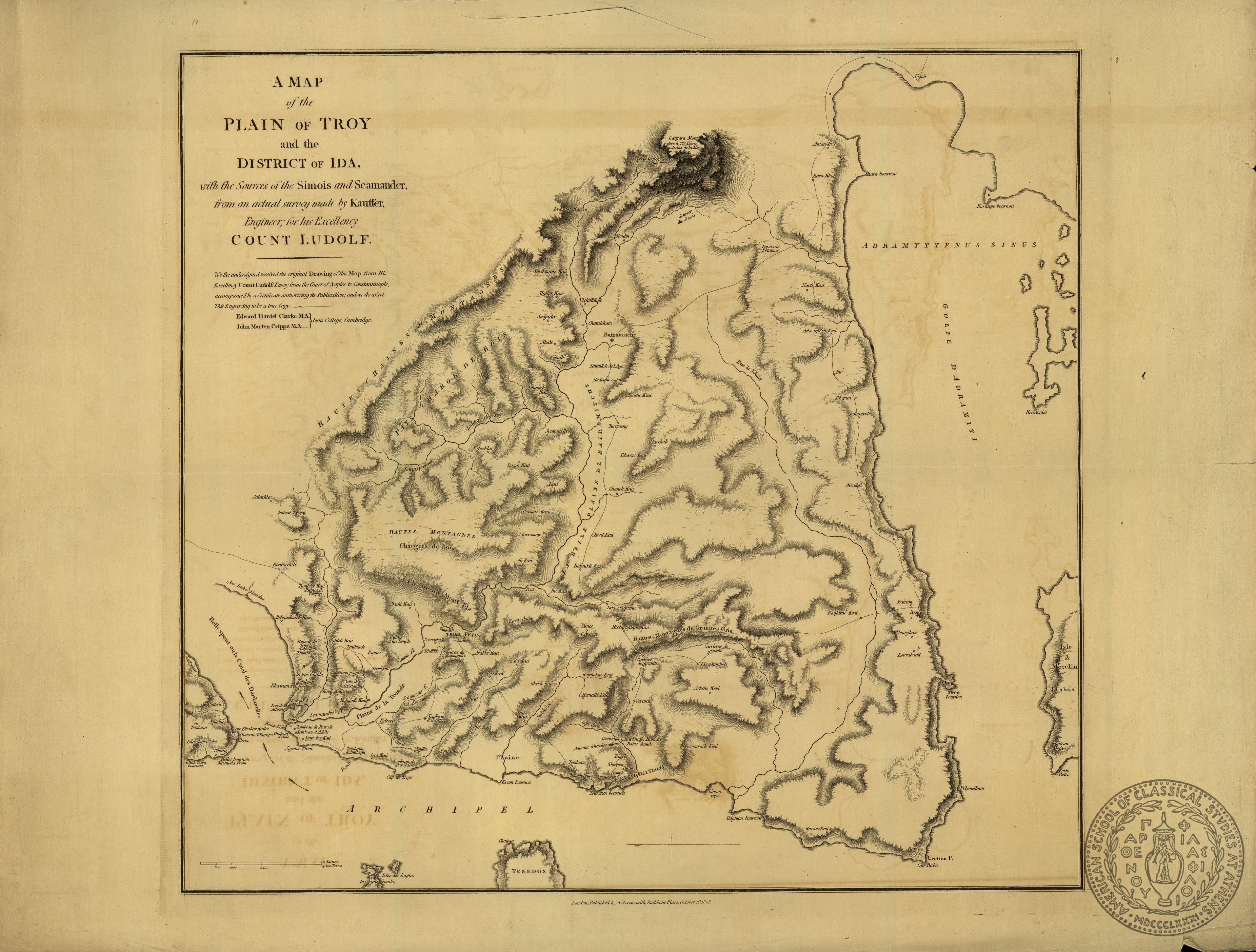 A map of the Plain of Troy and the District of Ida with the Sources of the Simois and Scamander from an actual survey made by Kauffer, Engineer, for his Excellency Count Ludolf